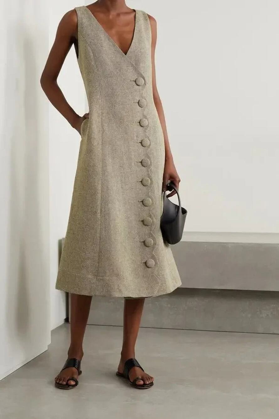 Lisa Marie Fernandez V neck Scallop Dress Midi Linen Blend Oatmeal Sleeveless 4